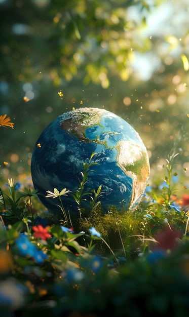 Wereldbol en bloemen Red de planeet concept Aardedag