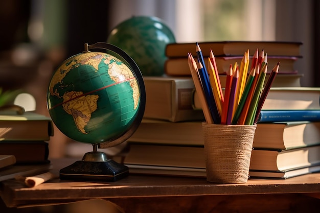 Wereldbol met een kleurrijk potlood erop staat op een bureau naast een stapel boeken