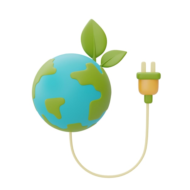 Wereldbol met groen blad en stekker slimme energiebesparing Gelukkige aardedag Wereldmilieudag Milieuvriendelijk 3D-rendering