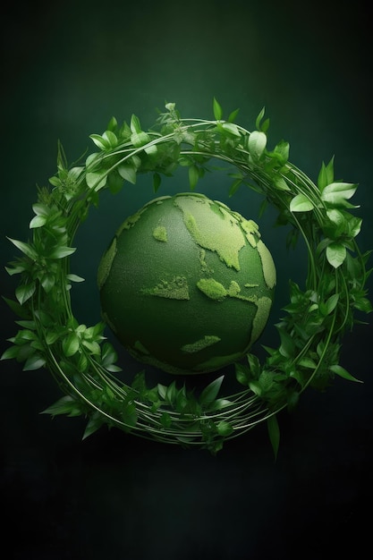 Wereldbol omringd door een groen ecovriendelijk symbool gemaakt met generatieve ai