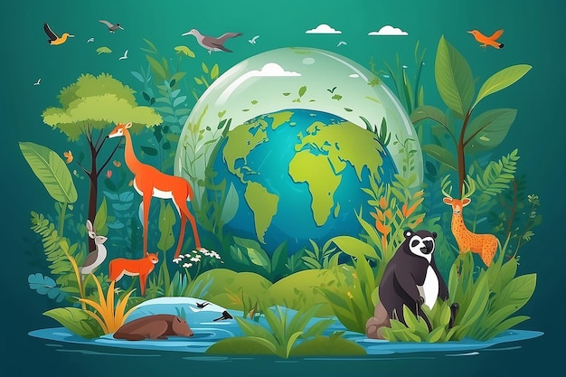 Foto werelddag van de biodiversiteit vectorillustratie met biologische diversiteit aarde en de verschillende dieren in de natuur platte cartoon achtergrond