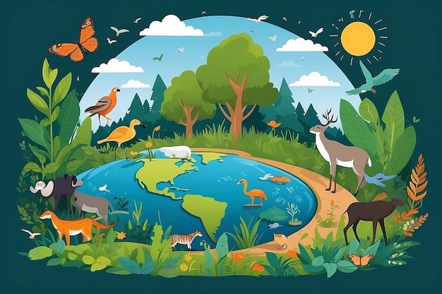 Foto werelddag van de biodiversiteit vectorillustratie met biologische diversiteit aarde en de verschillende dieren in de natuur platte cartoon achtergrond