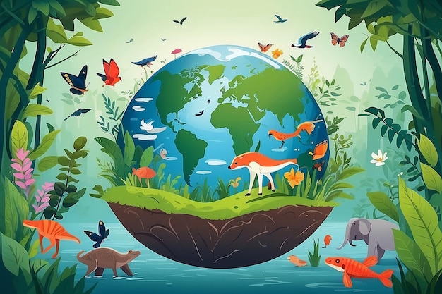 Foto werelddag van de biodiversiteit vectorillustratie met biologische diversiteit aarde en de verschillende dieren in de natuur