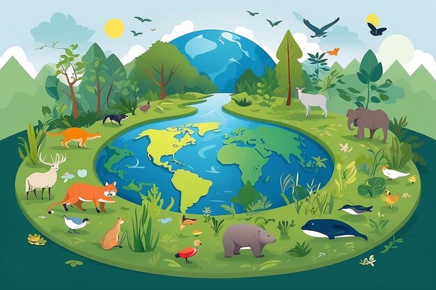 Werelddag van de biodiversiteit Vectorillustratie met biologische diversiteit Aarde en de verschillende dieren in de natuur