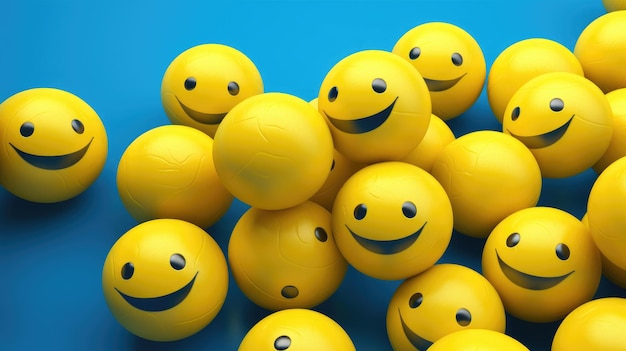 Werelddag van de glimlach Gele ballen met geschilderde glimlach op een blauwe achtergrond Generatieve AI