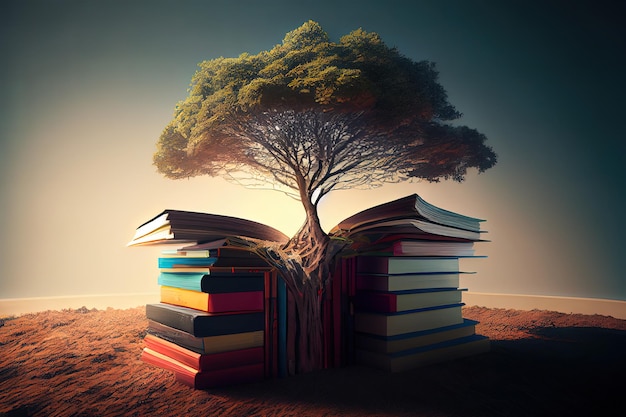 Wereldfilosofiedag concept met kennisboom planten bij het openen van een oud groot boek in de bibliotheek