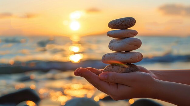 Foto wereldfilosofische dag concept menselijke handen die evenwichtige rotsen vasthouden over zonsondergang strand achtergrond