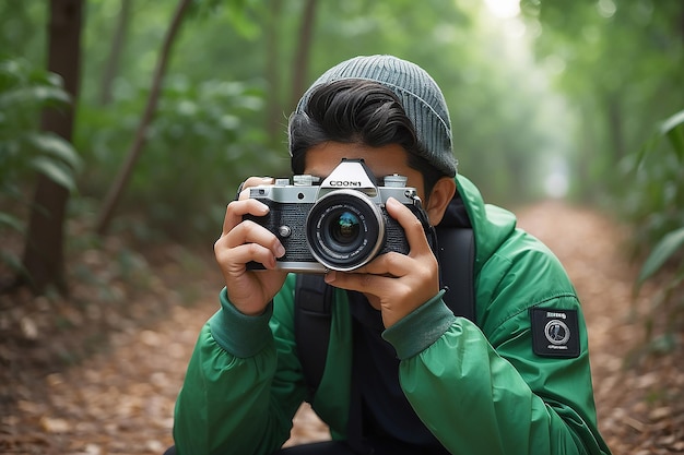 Wereldfoto-dag Groene fotograaf met camera