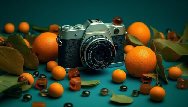 Wereldfotografie dag minimale objecten concept over fotografie Camera met minimalistische achtergrond