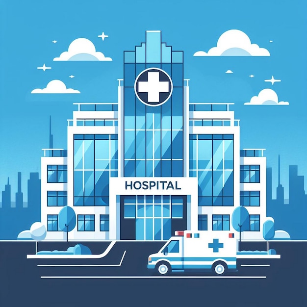 Wereldgezondheidsdag Ambulance amp Ziekenhuis Scene Moderne blauwe ziekenhuisgebouw