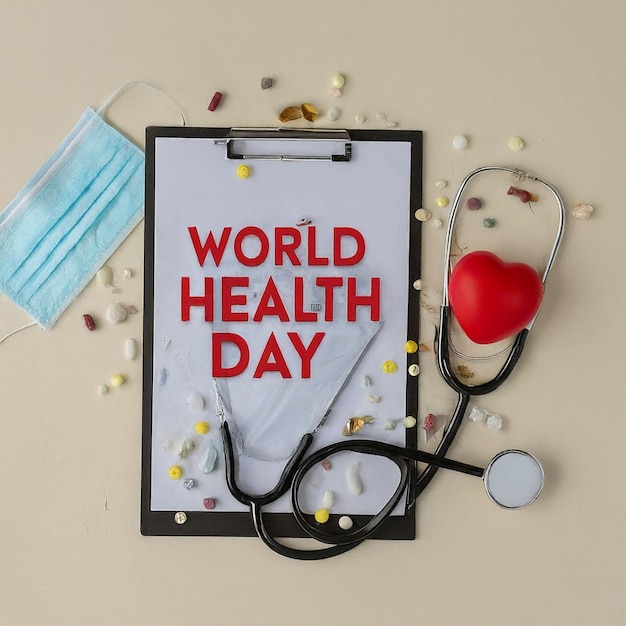 Wereldgezondheidsdag Clipboard met stethoscoopHeart Planet Earth medisch masker en pillen op licht