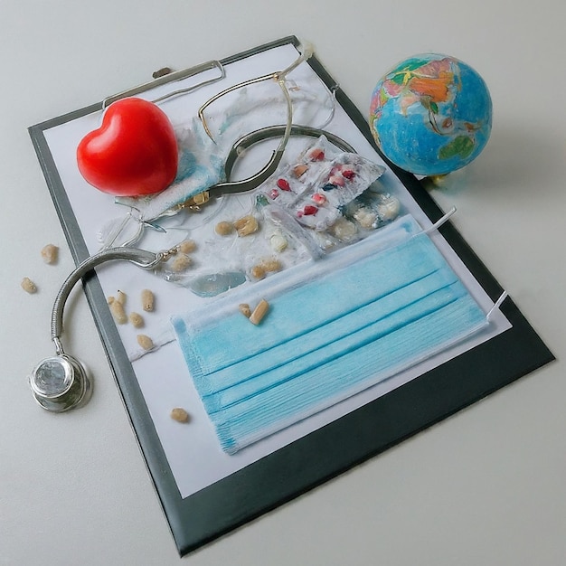 Wereldgezondheidsdag Clipboard met stethoscoopHeart Planet Earth medisch masker en pillen op licht