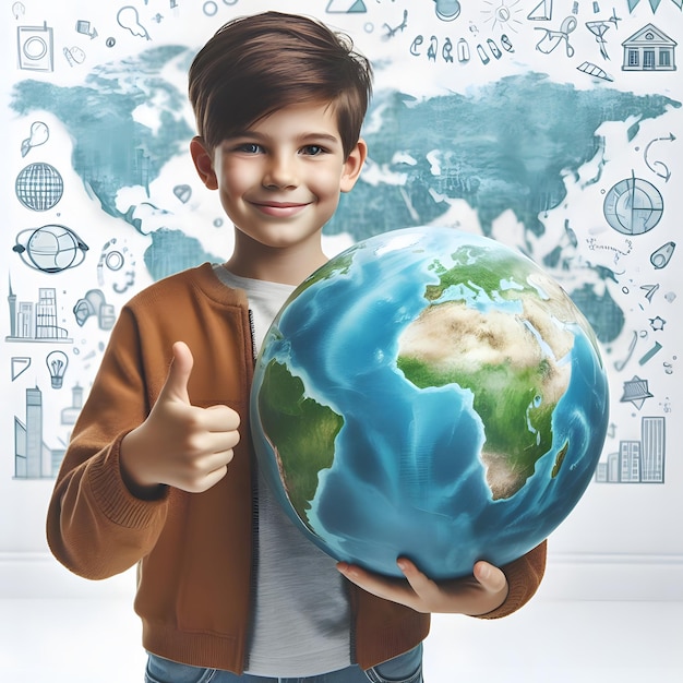 Wereldgezondheidsdag een jongen met een aardbol met het woord duim omhoog erop