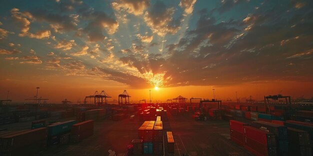 Wereldhandelscentrum Dramatische zonsondergang werpt een gloed over industriële containerwerf die het hart van internationale logistiek en wereldwijde handel symboliseert
