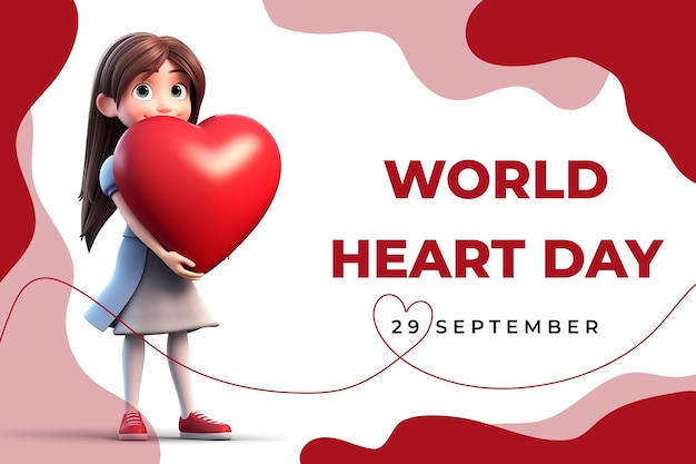 Wereldhartdagbanner Een klein meisje houdt een groot rood hart in haar handen AI-illustratie