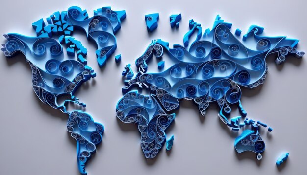 Wereldkaart gemaakt van blauw papier