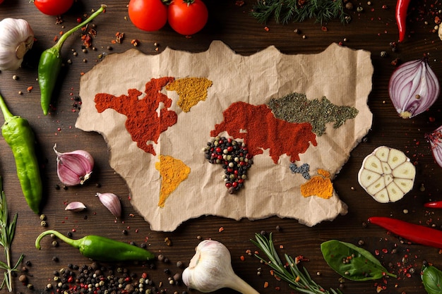 Wereldkaart gemaakt van verschillende soorten kruiden