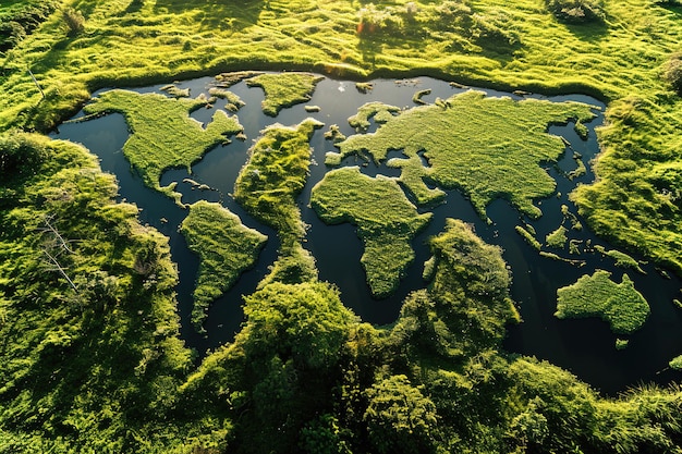 Foto wereldkaart gemaakt van water tussen bossen, luchtfoto van boven