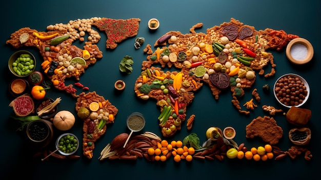 Foto wereldkaart met verschillende soorten voedsel op zwarte achtergrond