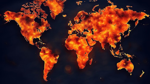 Wereldkaart op brandachtergrond Generatieve AI