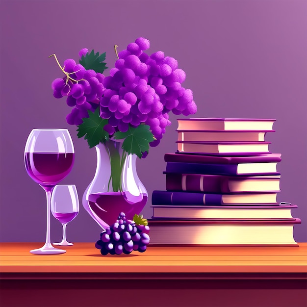 Wereldkennisdag een vaas met bloemen in een vaas staat op tafel boeken op tafel een druif