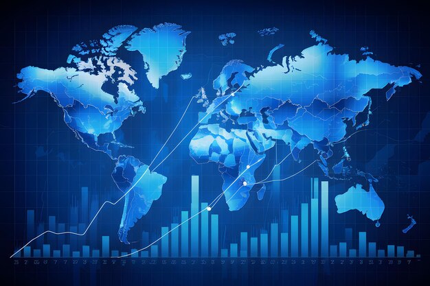 Wereldmarkttrends weergegeven door middel van financiële gegevensgrafiek op blauwe wereldkaart achtergrond