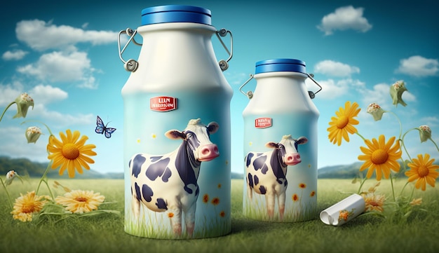 Wereldmelkdag Een fles koemelk en een koe op een veld Generatieve Ai