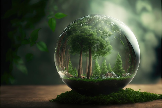 Wereldmilieu en aardedagconcept met glazen bol en milieuvriendelijke omgeving