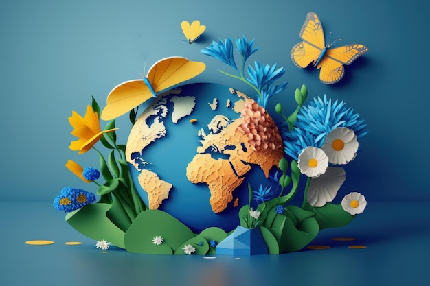 Wereldmilieudag achtergrond met bloem en vlinder Earth day Generative AI