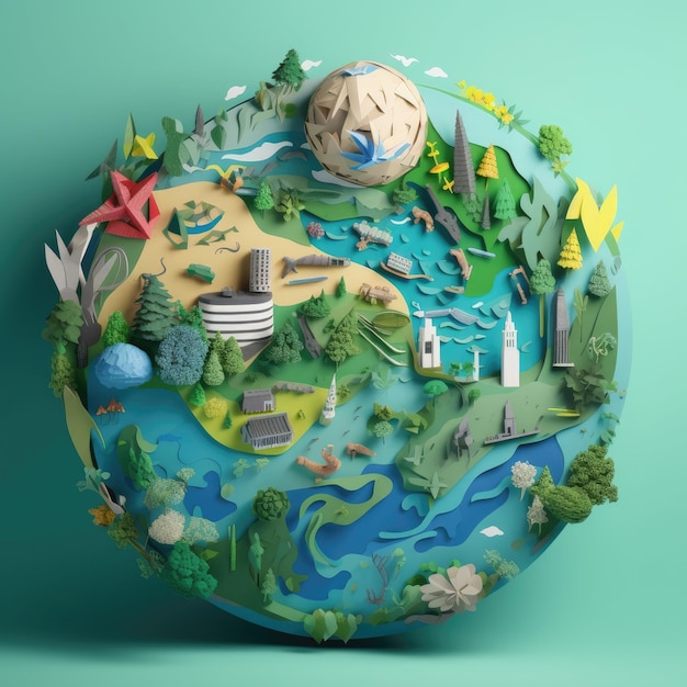 Wereldmilieudag banner ontwerp lay-out met papier gesneden 3D aardbol model Generatieve AI