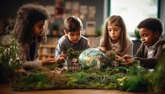 Foto wereldmilieudag een foto van kinderen in een klaslokaal die met een modelleerbol omgaan