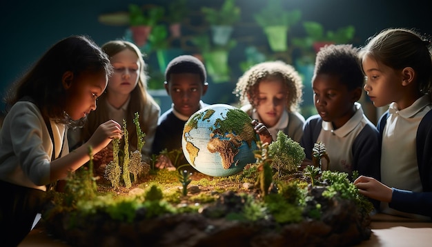 Foto wereldmilieudag een foto van kinderen in een klaslokaal die met een modelleerbol omgaan