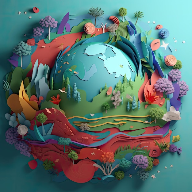 Wereldmilieudag: illustratie op papier, aardbolmodel, omringd door bloemen en planten