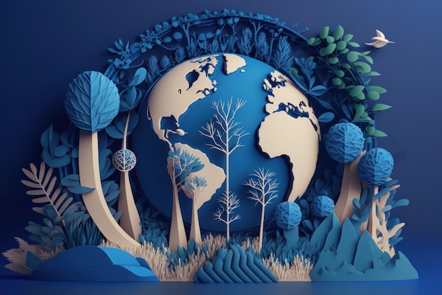 Wereldmilieudag op blauwe achtergrond in papierstijl Dag van de aarde Generatieve AI