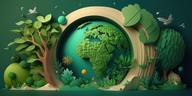 Wereldmilieudag op groene achtergrond in papierstijl Dag van de aarde Generatieve AI