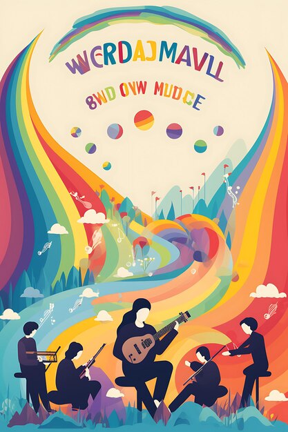 Foto wereldmuziekdag met band die regenbooggeluidsgolven uitvoert styl internationale dag creatieve posterkunst