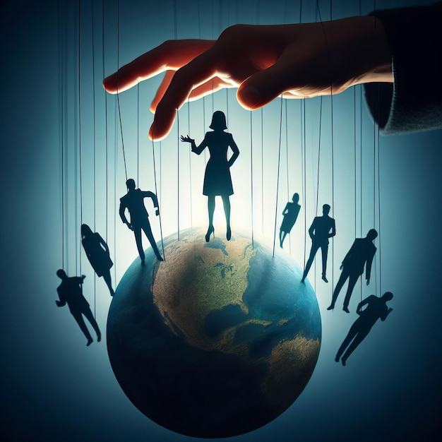 Wereldregeringsconcept De schaduwhand controleert regeringen als marionetten