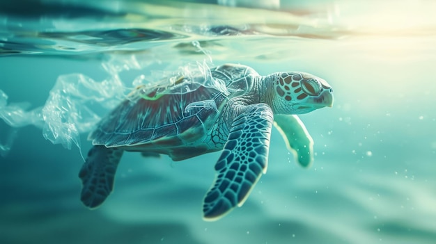 Wereldschildpadendag en Oceaan milieudag Schildpad met plastic in het water