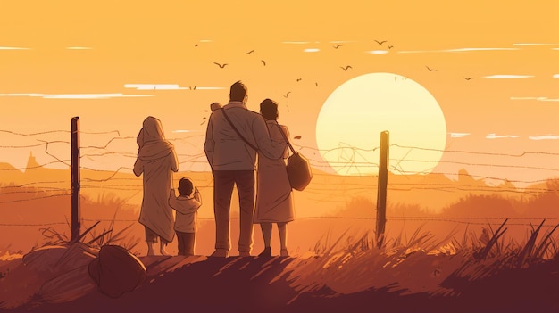 Wereldvluchtelingendag illustratie van een familie tegen het hek in zonsondergang Generatieve Ai