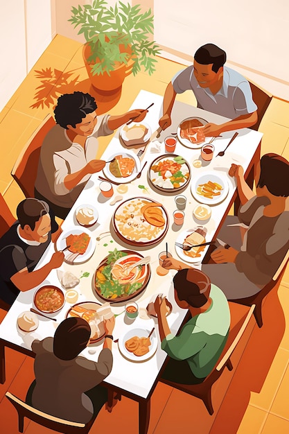 Wereldvoedseldag met gezinnen die samen rond een tafel eten Internationale dag Creatieve posterkunst