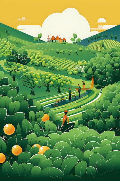 Wereldvoedseldag met gezinnen die sinaasappelen en groene gewassen oogsten Internationale dag Creatieve posterkunst
