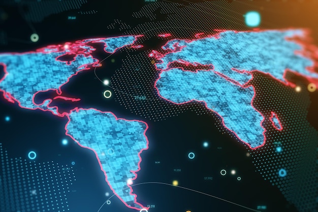 Wereldwijd communicatienetwerk en gegevensuitwisselingsconcept met perspectief bovenaanzicht op blauwe gloeiende pixelwereldkaart met rode contour op donkere technologische achtergrond met datavisualisatie 3D-rendering
