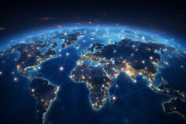 Wereldwijd netwerk op planeet Aarde's nachts concept van internationale communicatie en technologie met