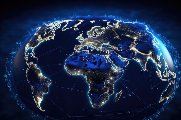 Wereldwijd netwerk voor de overdracht van informatie over het aardoppervlak. Donkerblauwe achtergrond met een afbeelding van het land van de aarde. Delen van deze illustratie zijn afkomstig van NASA.