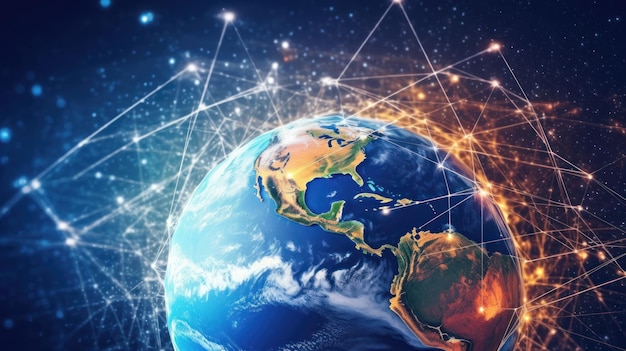 Wereldwijd telecommunicatienetwerk rond de planeet Aarde AI gegenereerd