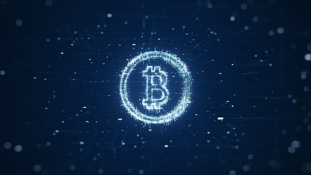 Wereldwijde abstracte Bitcoin Crypto-valuta Blockchain-technologie. Bitcoin digitale valuta, futuristisch digitaal geld, technologie wereldwijd netwerkconcept. 3D-weergave.