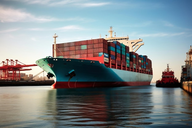 Wereldwijde bedrijfslogistiek importexport vracht vrachtschip met zeecontainers aan boord in de haven Vervoer van goederen over de oceaan