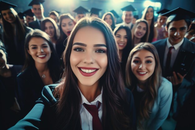 Foto wereldwijde glimlachen die vreugde vangen in groepselfies van vrolijke en gelukkige jonge mensen van verschillende nationaliteiten die eenheid, vriendschap, culturele harmonie vieren in gedeelde momenten van geluk en saamhorigheid