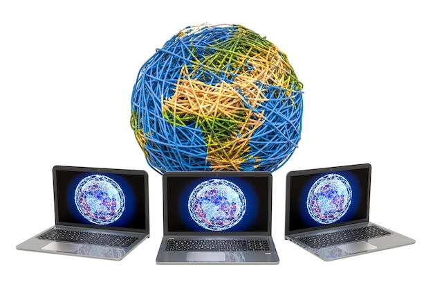 Wereldwijde internetverbinding concept Earth Globe van kabel met laptops 3D-rendering