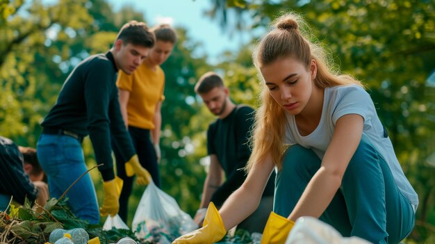 Wereldwijde milieuvervuiling groep van blanke vrienden vrouwelijke en mannelijke vrijwilligers ophalen